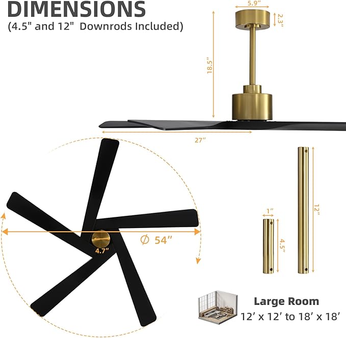 WINGBO 54" ABS DC Ceiling Fan No Light, 5 Blade ABS Plastic Ceiling Fan