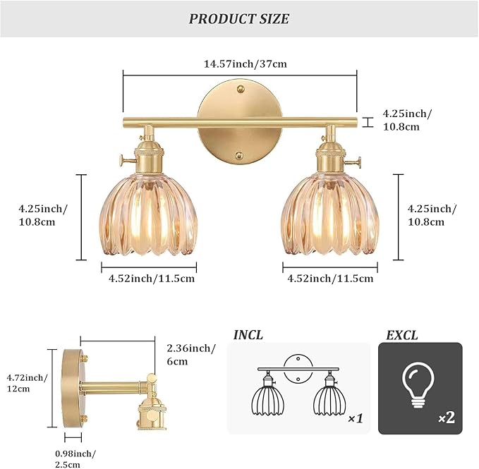 Shenmoyl Bathroom Light Fixtures, 2-Light Brass Vanity Wall Light Over Mirror