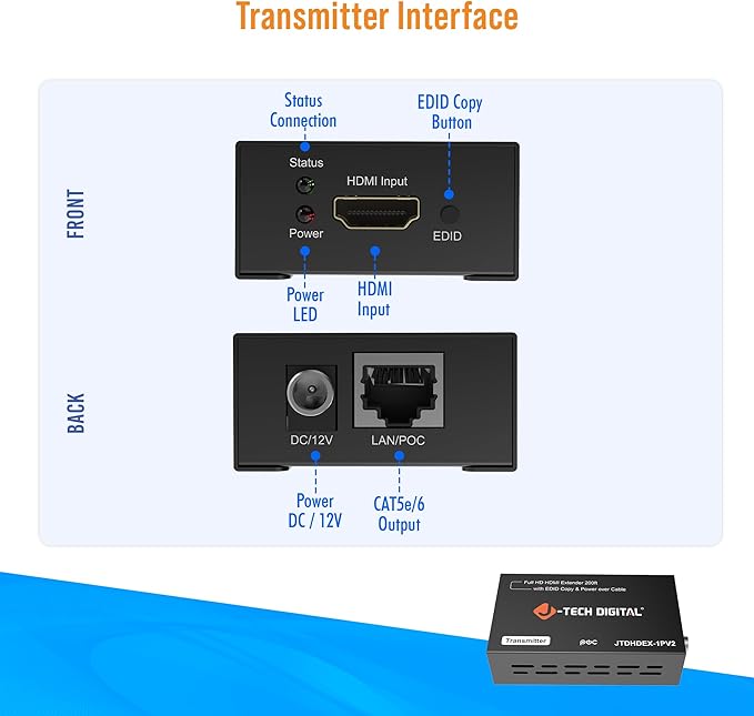 J-Tech Digital HDMI Extender 1080P 60Hz Over Single CAT 5e/6/7 PoC up to 165ft