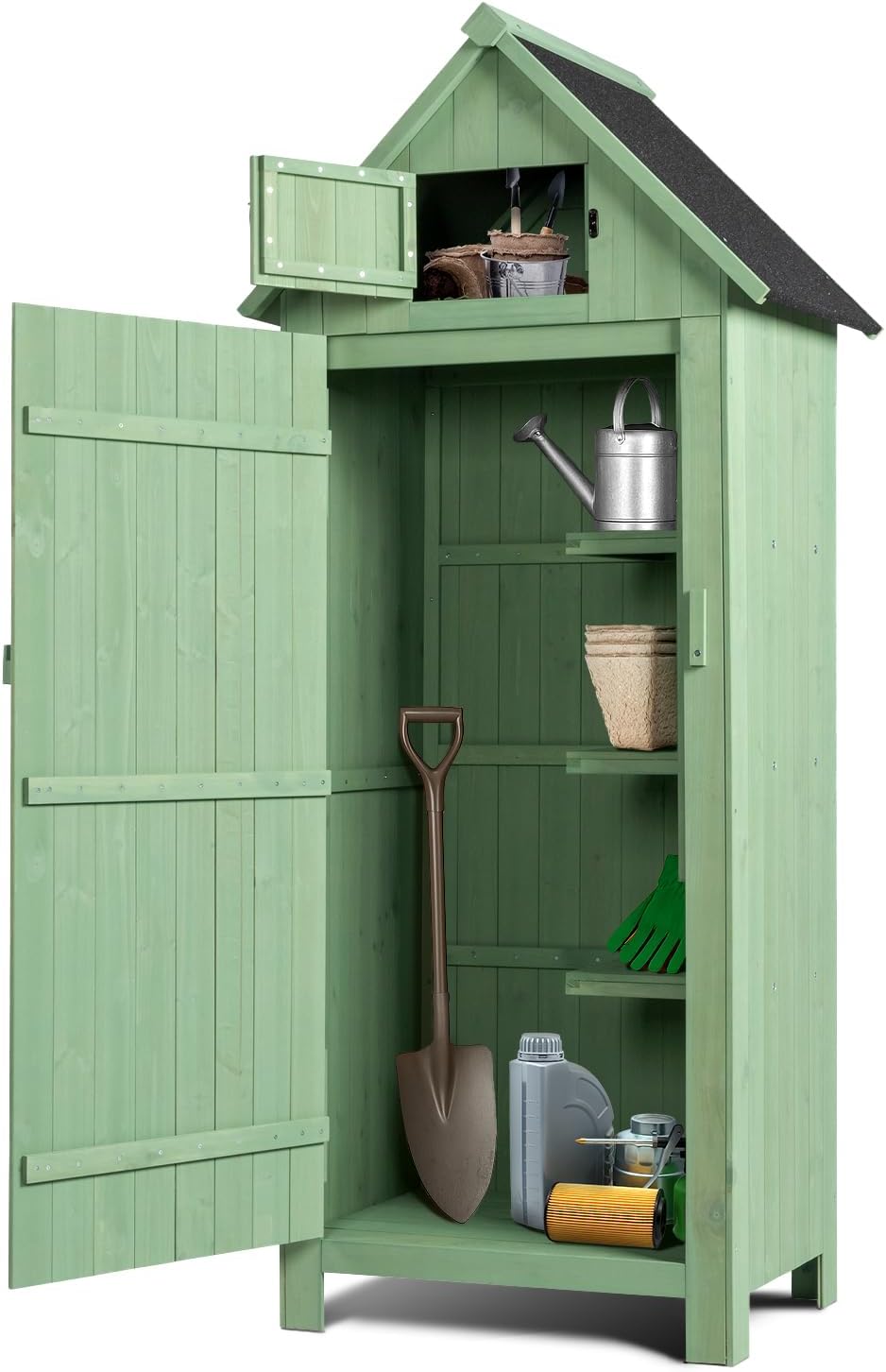VINGLI Outdoor Wooden Storage Shed, Garden Shed Outside Tool Cabinet with Safety Latch, Patio Storage Organizer (Light Green)