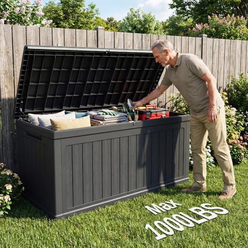 320 Gallon Outdoor Storage Deck Box, Waterproof Resin, Black