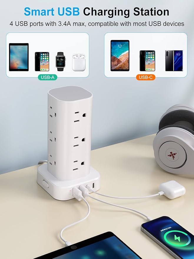Power Strip Tower with Multiple Outlets, Flat Plug Surge Protector Tower