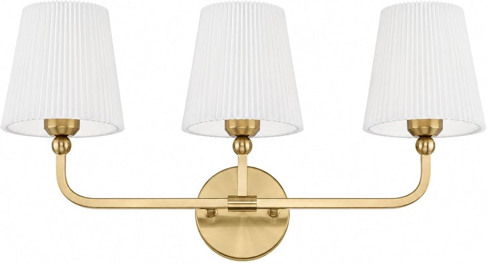 3-Light Brushed Gold Bathroom Vanity Light, Pleated Fabric Shade