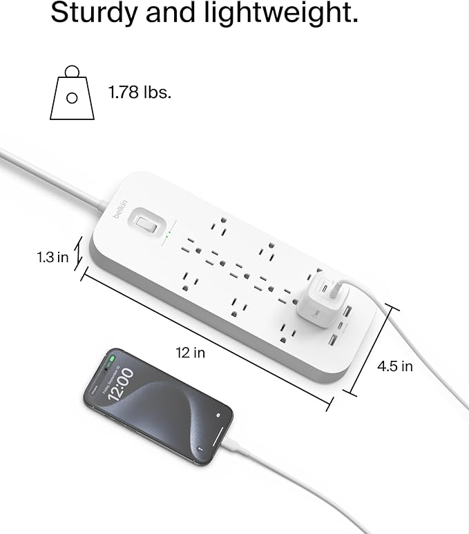 Belkin 12-Outlet Surge Protector Power Strip w/ 12 AC Outlets, 2 USB-A Ports