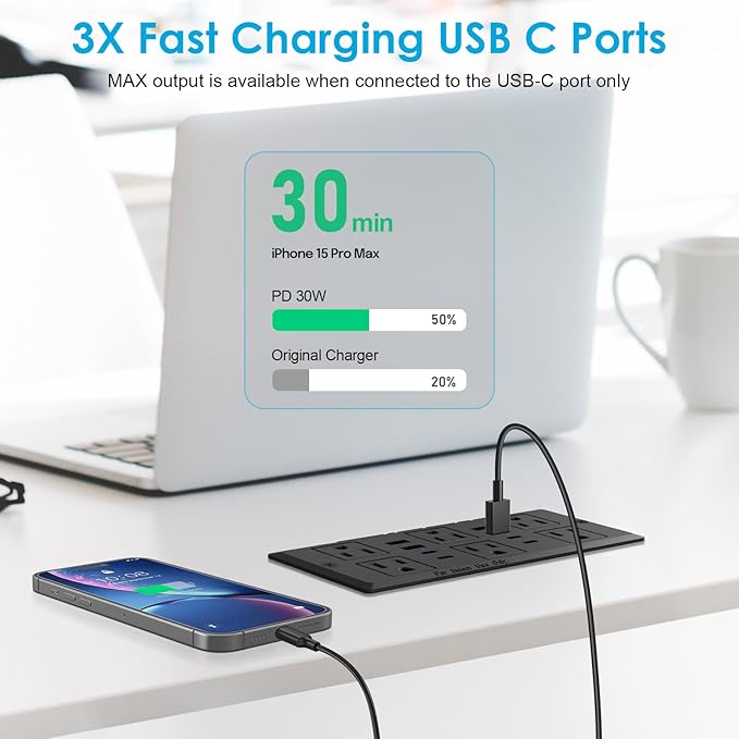 30W Recessed Power Strip USB C, Desk Flush Mount Outlet Plug in 6 AC & 8 USB