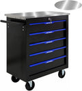 5-Drawer Rolling Tool Chest with Stainless Steel Countertop,Tool Chest with Secure Locking System,Mobile Storage Tool Cabinet with 360°Wheels and Padded Feet,for Home,Garage (Black+Blue)