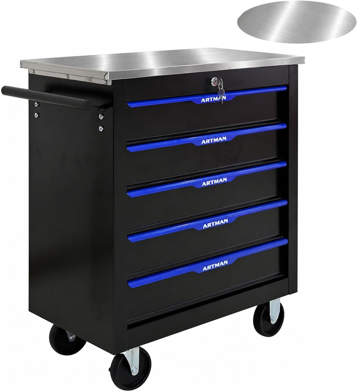 5-Drawer Rolling Tool Chest with Stainless Steel Countertop,Tool Chest with Secure Locking System,Mobile Storage Tool Cabinet with 360°Wheels and Padded Feet,for Home,Garage (Black+Blue)