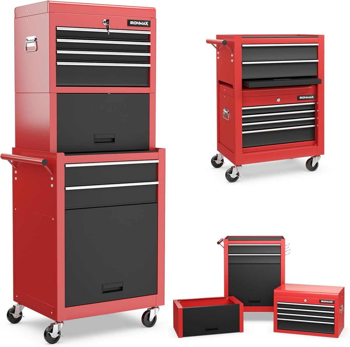 IRONMAX Tool Cabinet on Wheels, 6-Drawer Lockable Rolling Tool Chest, Red