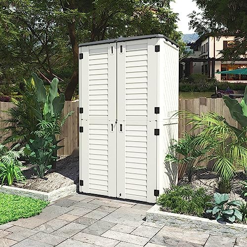 HOMSPARK Storage Shed Weather Resistance, Multi-Purpose Outdoor Storage Cabinet Waterproof, Outdoor Storage Cabinet for Garbage Cans, Lawnmower, Garden Accessories (White, Tall shed-53 cu ft)