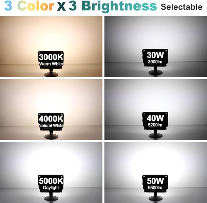 kadision LED Flood Light 50W/40W/30W, 3CCT 3000K/4000K/5000K Selectable (4 Pack)