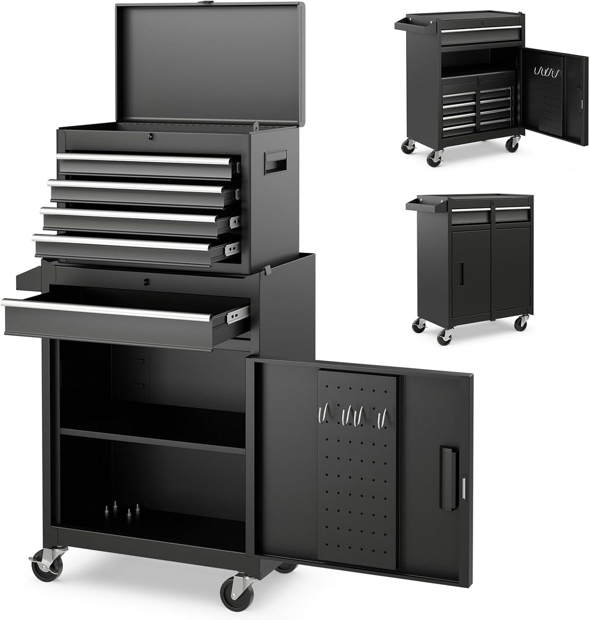 TANGZON Rolling Tool Chest Combo, Heavy Duty Lockable Tool Cabinet with Wheels, 5 Drawers, Adjustable Shelf, Hooks & Side Handle, 2-In-1 Detachable Tool Cart Trolley for Workshop Garage (Black)