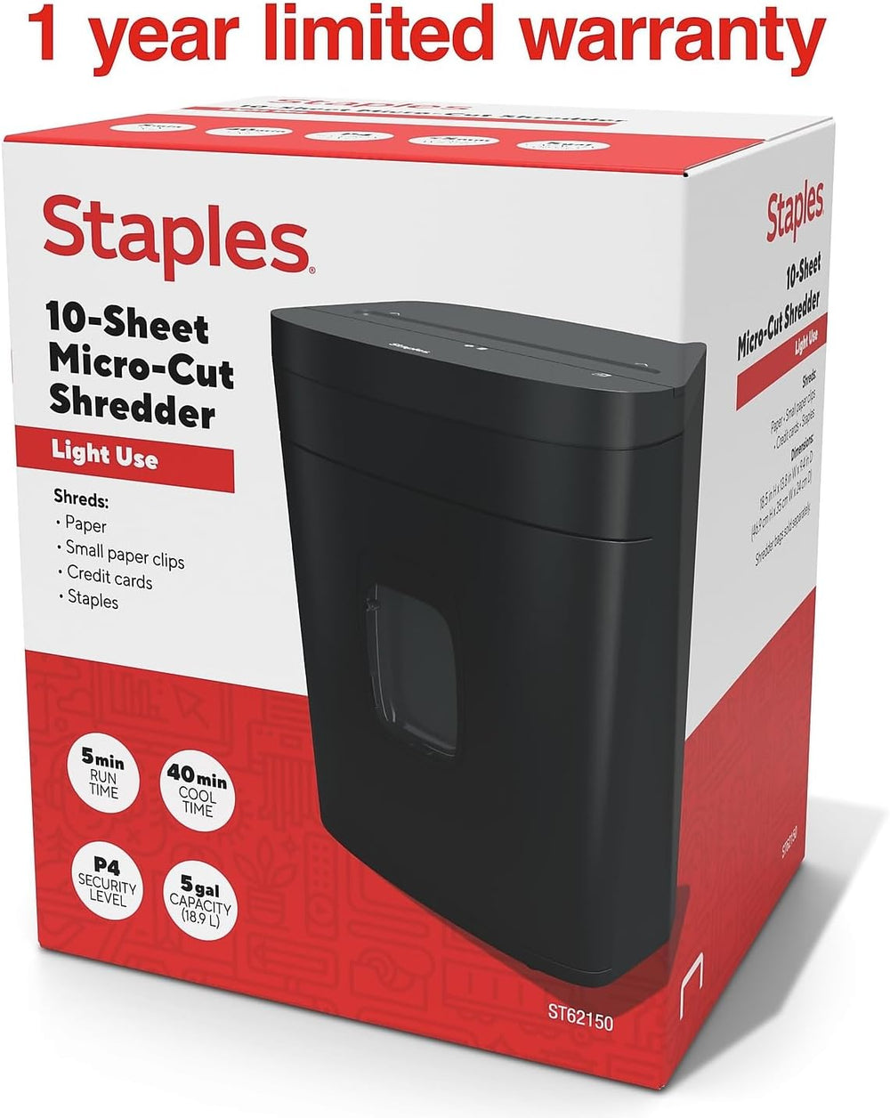 Staples 10-Sheet Micro-Cut Paper Shredder, Anti-Jam, 5-Gal Bin, Black