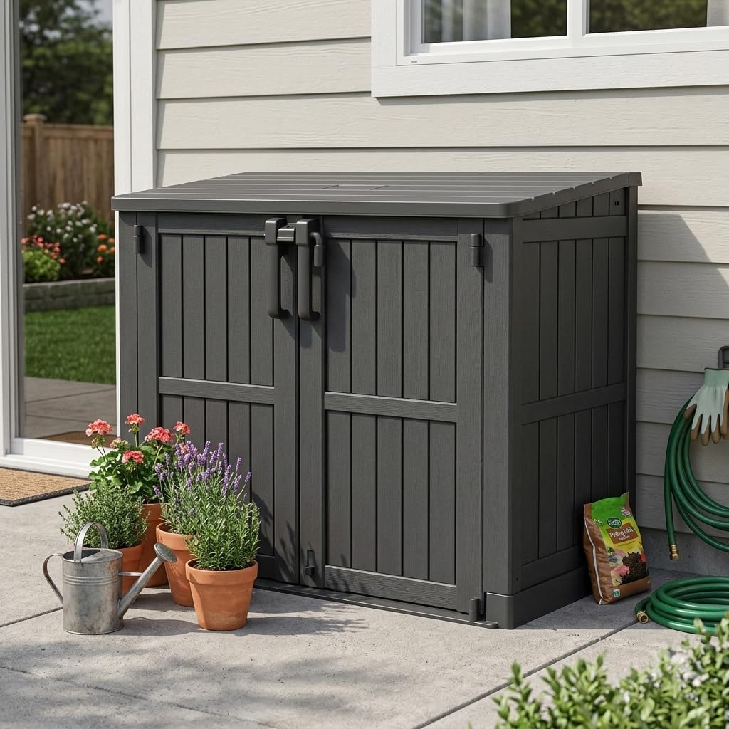 Plastic Outdoor Storage Shed, 37 Cu Ft Weatherproof Outdoor Storage Box with Double Lockable Door, All-Weather Resin Storage Cabinet for Patio, Backyard, Lawn, Garage and Poolside,Wood-Grain (Black)