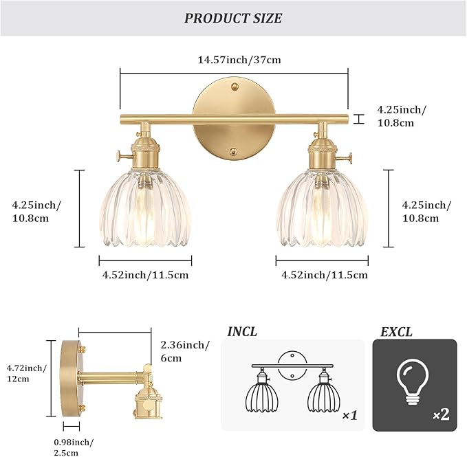 Shenmoyl Bathroom Light Fixtures, 2-Light Brass Vanity Wall Light Over Mirror