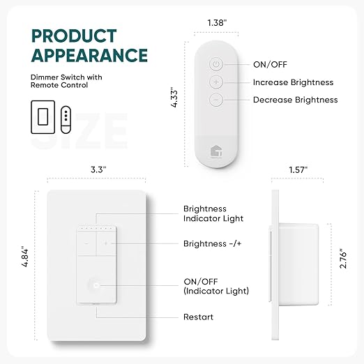 TREATLIFE Dimmer Switch with Magnetic Remote, Wireless Light Switch, Single