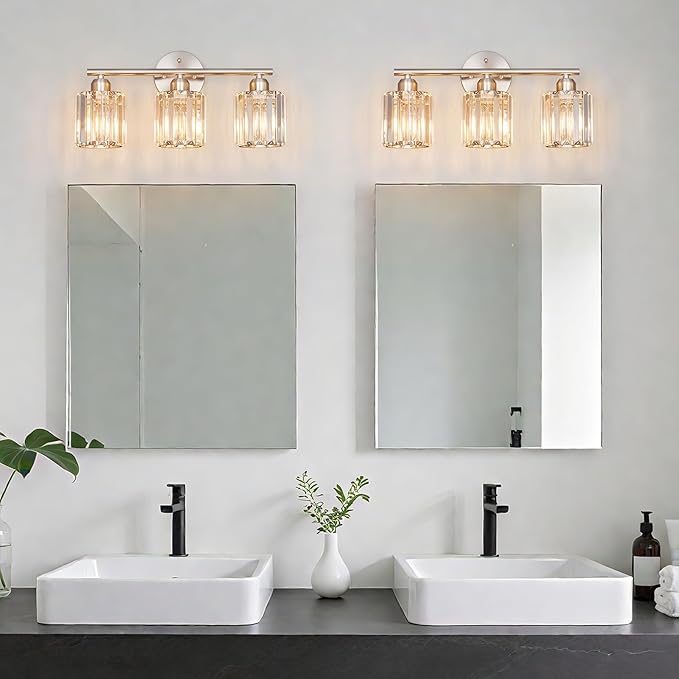FDPBY Modern 3 Light Crystal Vanity Light, Brushed Nickel Vertical Bathroom