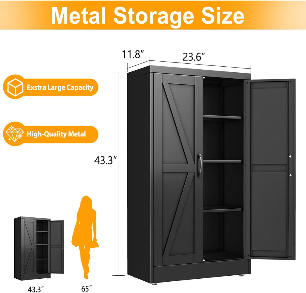 ckzbx black metal cabinets with doors and shelves shown in use