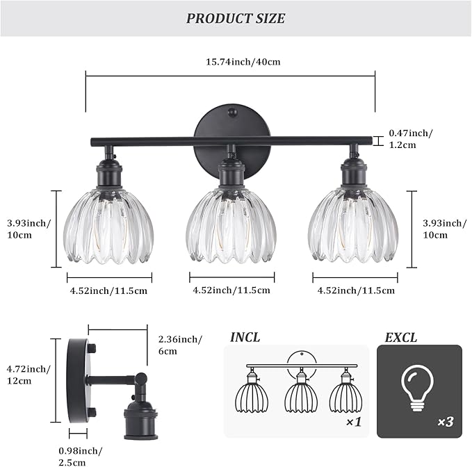 Shenmoyl Bathroom Light Fixtures, 3-Light Black Vanity Wall Light Over Mirror