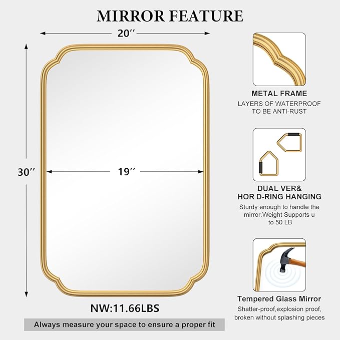 Gold Bathroom Mirror for Wall 20" x 30" Modern Rounded Corner Rectangle Mirror