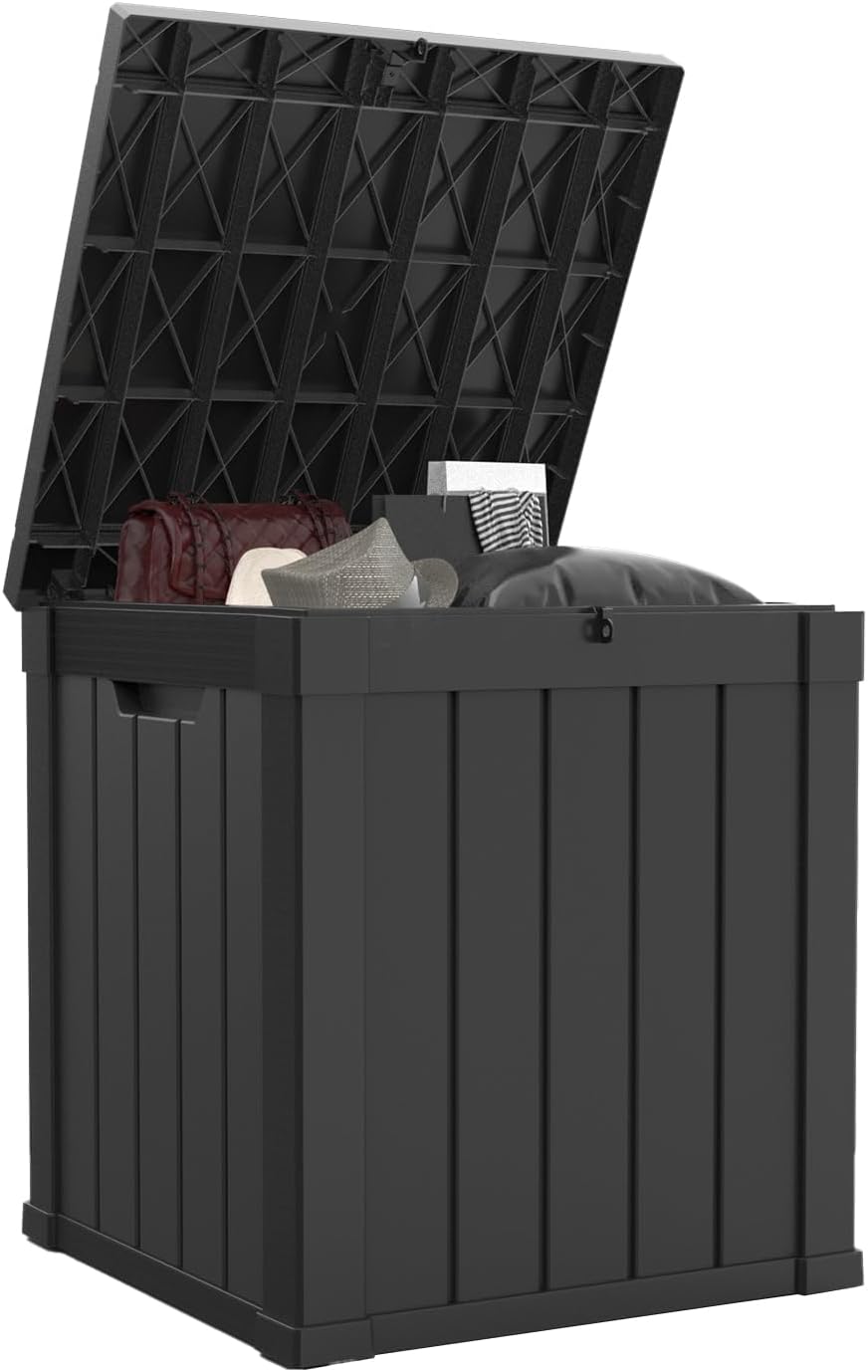50 gallon waterproof outdoor resin deck box, lockable shown in use