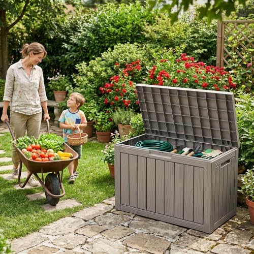 DRATO 55 Gallon Outdoor Storage Box Waterproof, Lockable Resin Deck Boxes