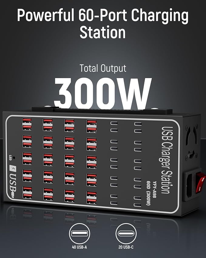 60 Port 300W USB Charging Station, Desktop Charging Station