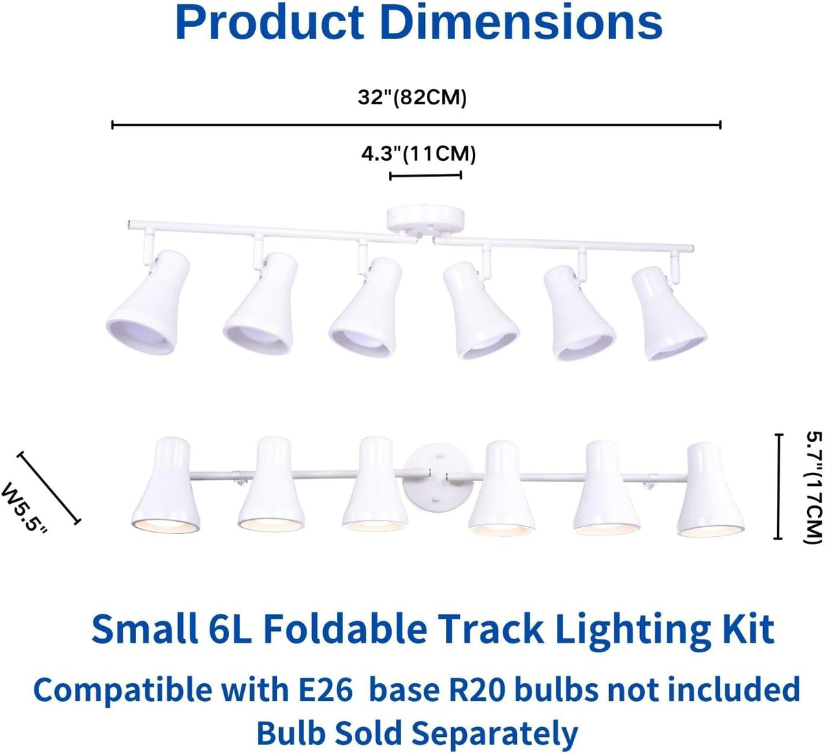 Foldable Track Lighting Fixtures, 6 Way Pivot Shade Ceiling LED Lights,Modern White Rotatable Bar Spotlight for Kitchen Island Hallway Dining Living Room Bedroom,E26 R20 Bulb Not Included