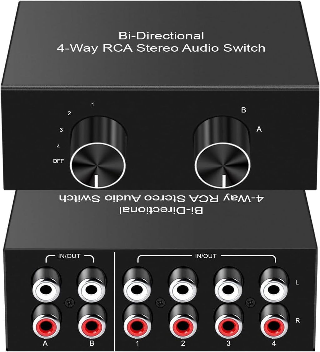Y.D.F 4-Way Bi-Directional RCA Switch, HiFi AV L/R Sound Channel 2 in 4 Out or