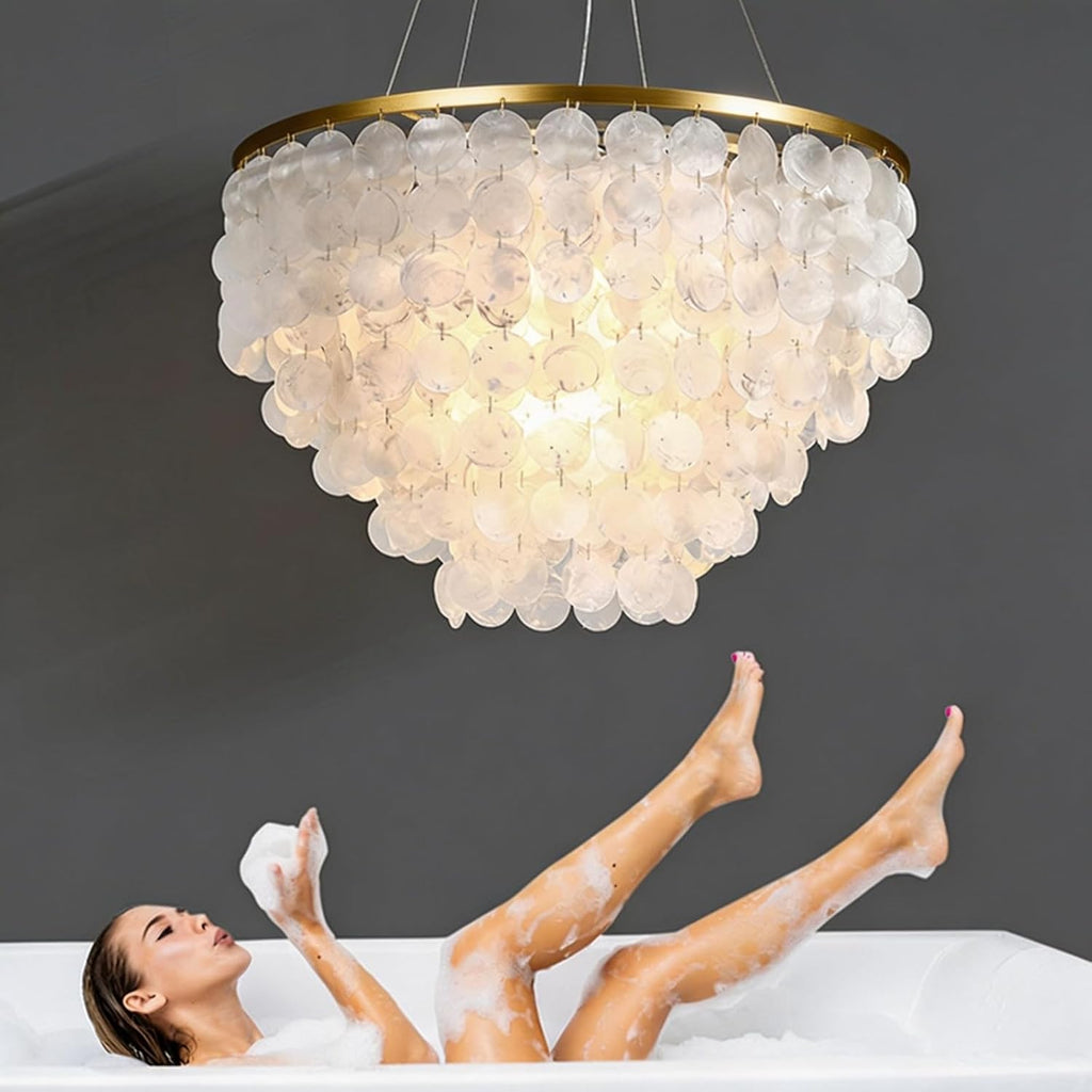5 Tier Capiz Shell Chandelier, H16'' x D24'' Natural Shell Hanging Ceiling Light Fixtures Seashell Coastal Chandeliers for Living Room(More Additional Shell Parts Included) Gold