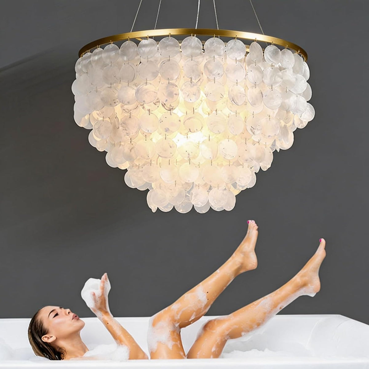 5 Tier Capiz Shell Chandelier, H16'' x D24'' Natural Shell Hanging Ceiling Light Fixtures Seashell Coastal Chandeliers for Living Room(More Additional Shell Parts Included) Gold