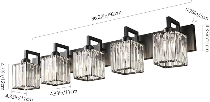 FDPBY Black Bathroom Light Fixture, 5-Light Crystal Vanity Lighting, Bathroom