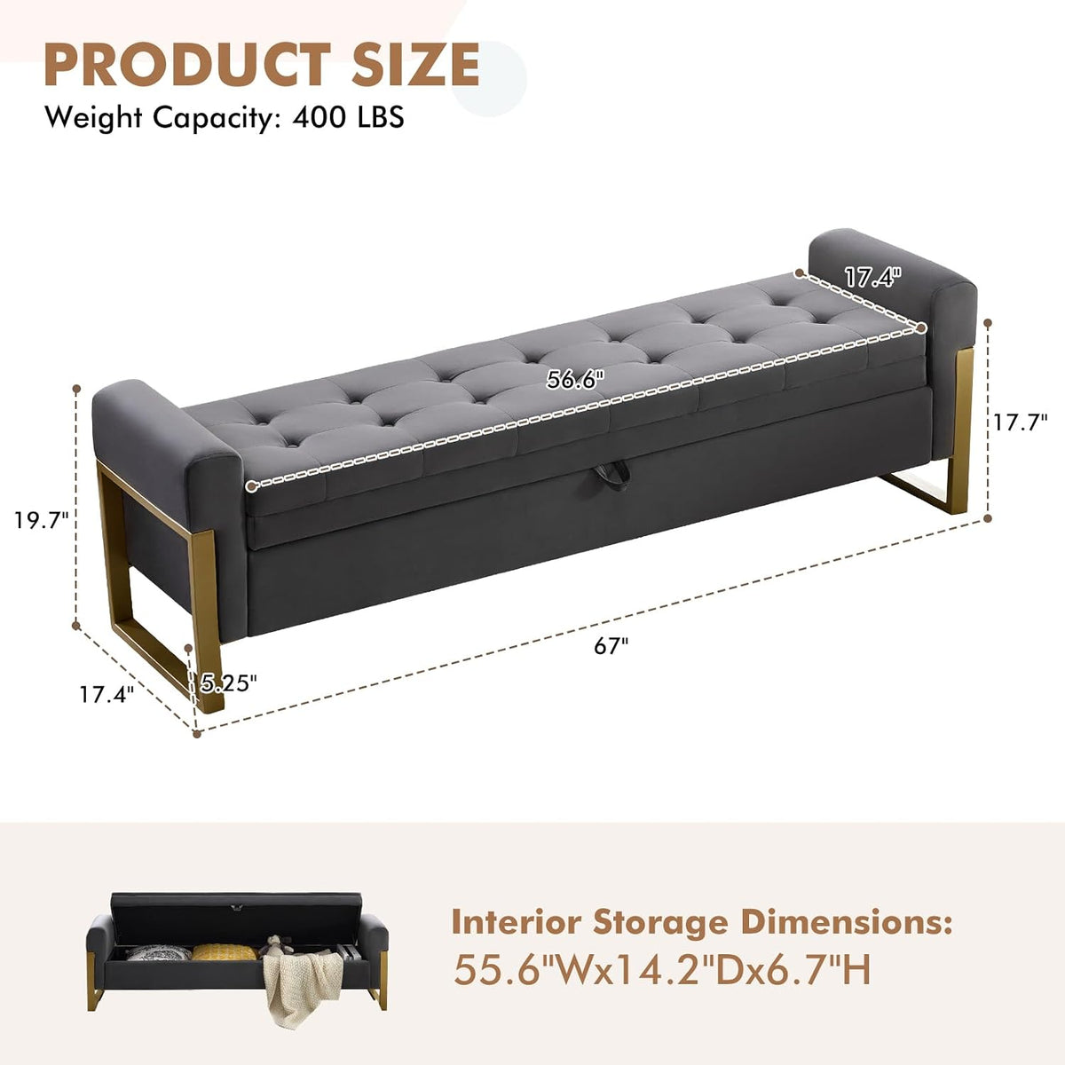 67" Storage Bench for Bedroom, King Size End of Bed Bench, Upholstered Storage Ottoman Bench with Golden Metal Legs, Bedroom Bench for Entryway, Dark Grey