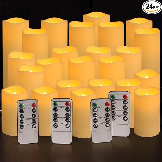 Set of 24 Waterproof Outdoor Flameless Candles, LED Candles with 4 Remote and Timer,(H 4" 5" 6" x D 2.2"),for Halloween Wedding Festiv