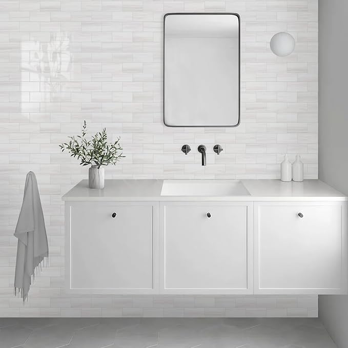 Vamos Tile 100-Piece Glossy Dolomite White Peel and Stick Backsplash Tile