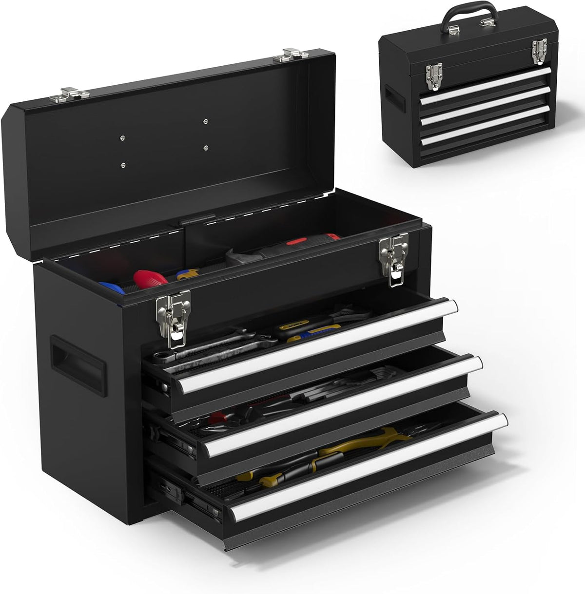 Portable Metal Tool Box – 3 Drawers Lockable Mini Toolbox, Heavy-Duty Tool Chest for Workshop & Garage (Black)