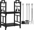 Outvita 2 Tier Firewood Log Rack, Iron Lumber Storage Holder, Wood Pile Stacker Organizer for Indoor Outdoor Fireplace Stove Pit with 4 Fire Tools Hanging Hooks Christmas Elements Black