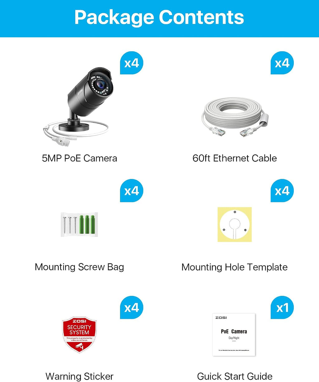 zosi 5mp 3k add-on poe camera, 4 pack, front angle view