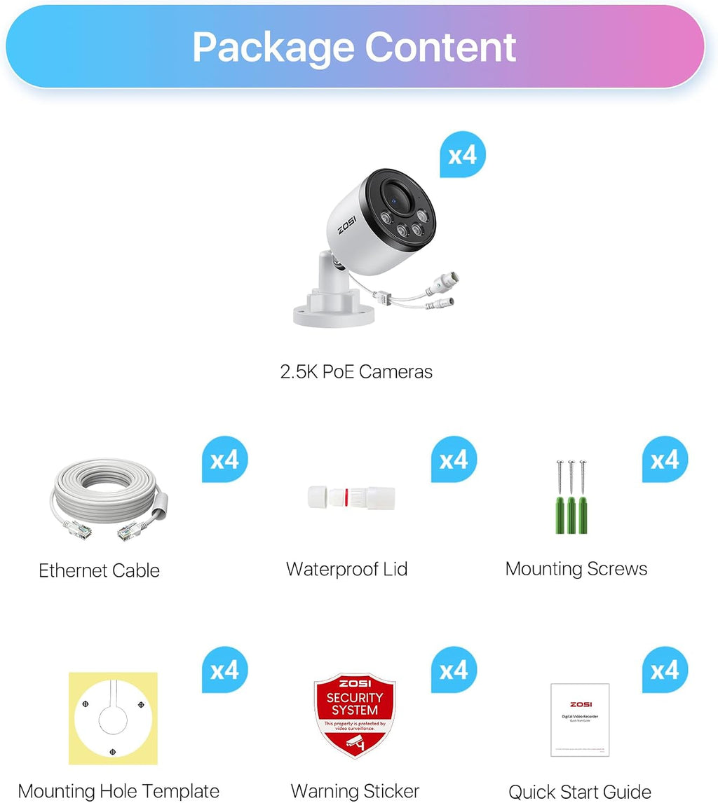 zosi 4pk 4mp add-on camera with ethernet cables,outdoor, view 9