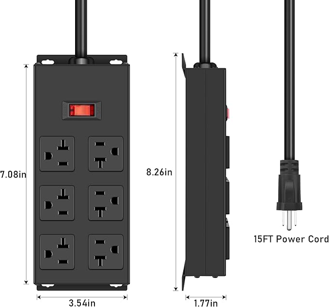 JUNNUJ Heavy Duty 20 Amp Power Strip, Garage 6 Outlets Metal 12 Gauge Surge