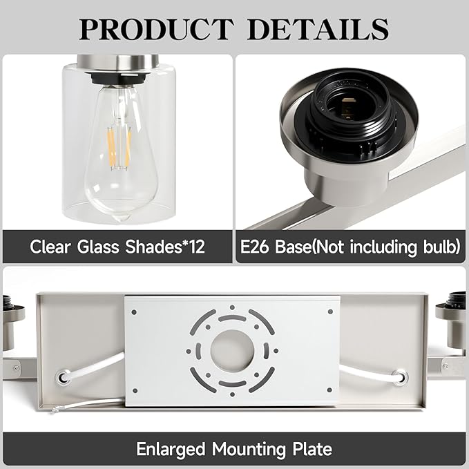 DIKAIDA Brushed Nickel Bathroom Vanity Light, 12 Light Brushed Nickel Bathroom
