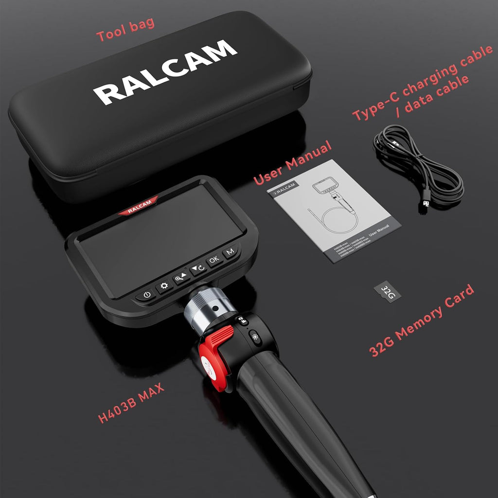 ralcam articulating borescope for mechanic automotive hvac wall, front angle view