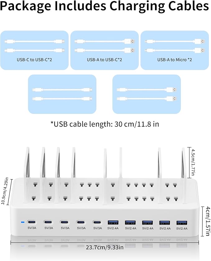100W Charging Station for Multiple Devices, 10-Port USB Fast Charging Station
