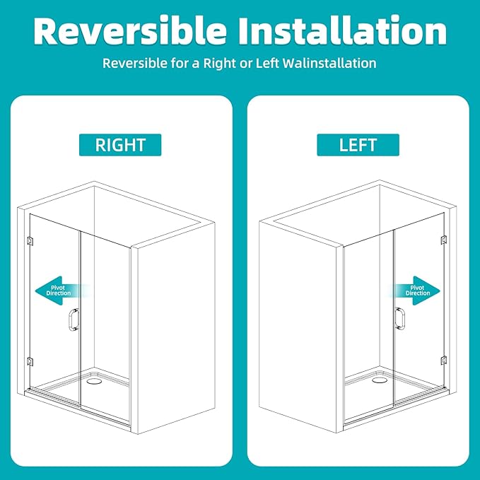 Pivot Swing Shower Door, Adjustable Width 58.9-60" W x 74" H Semi-Frameless