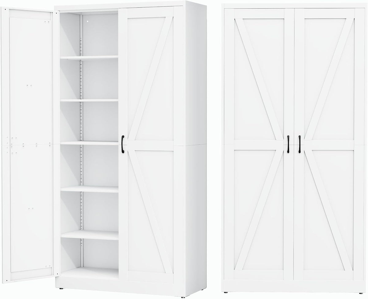 Ckzbx White Metal Cabinets with Doors and Shelves, 78.74" H Storage Cabinet Pantry Cabinet Garage Cabinets for Kitchen, Living Room, Dinning Room