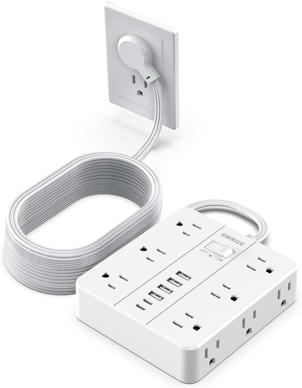 Power Strip Surge Protector 20ft Extension Cord, SMNICE Flat Plug