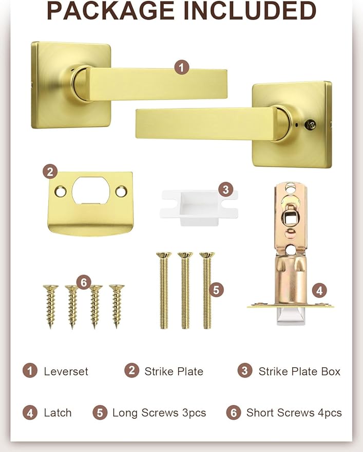 Mengico 5 Pack Passage Door Levers Gold Finish, No-Locking Keyless Square Door