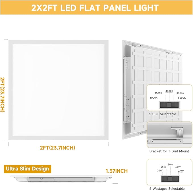 2 Pack 2x2 LED Flat Panel Light Drop Ceiling Office Fixture, Surface Mount Drop