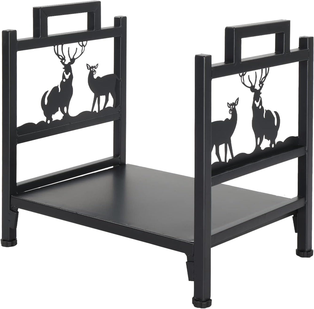 Outvita Firewood Log Rack, Small Iron Lumber Storage Holder, Wood Pile Stacker Organizer for Indoor Outdoor Fireplace Fire Stove Pit With Elk Christmas Elements Black