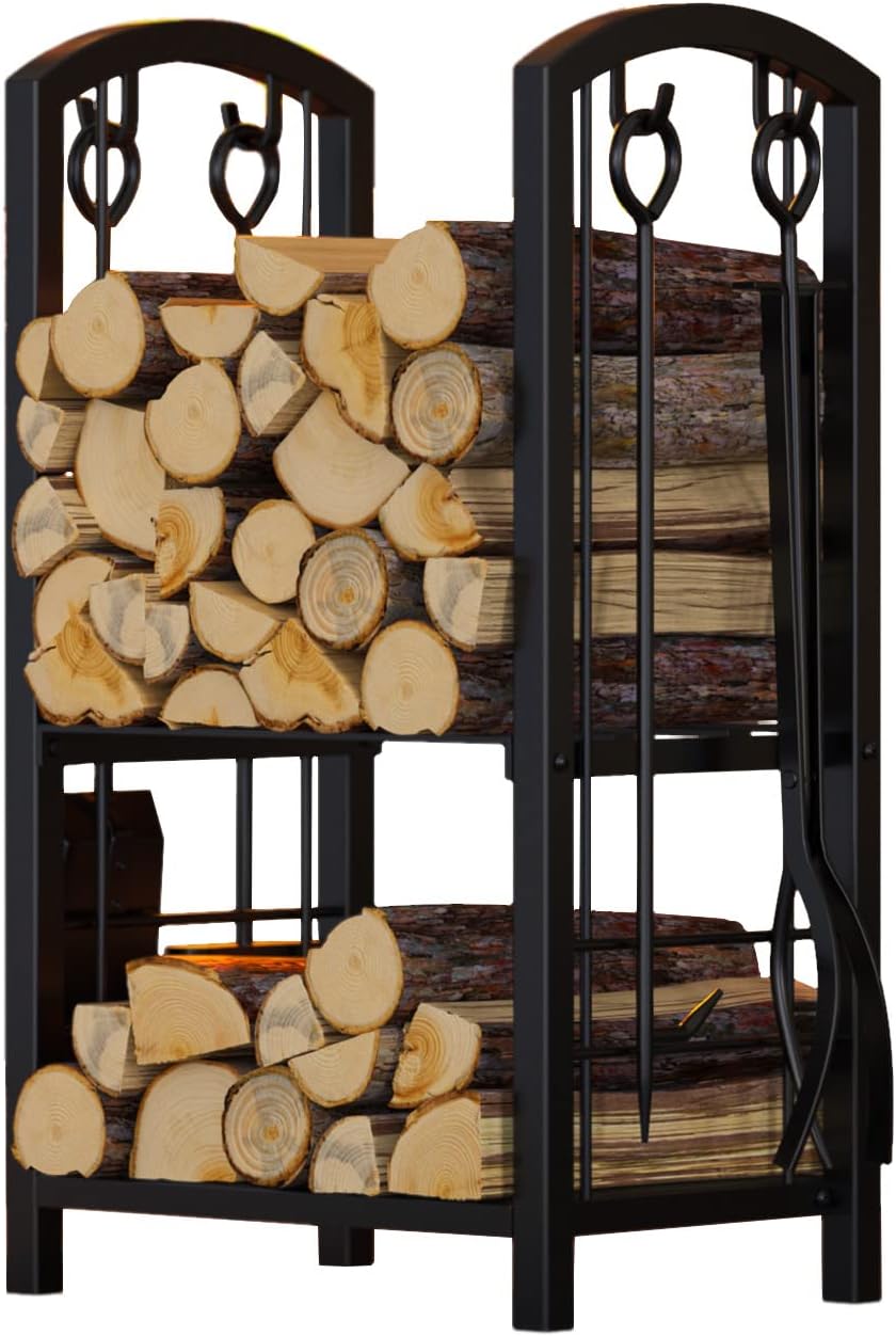 Fire Beauty Fireplace Firewood Log Rack 5-Piece Storage Logs Holder with Tools Set with 4 Tools Set Fireside Holders Wood Lumber Storage Stacking Black (4 Pcs)