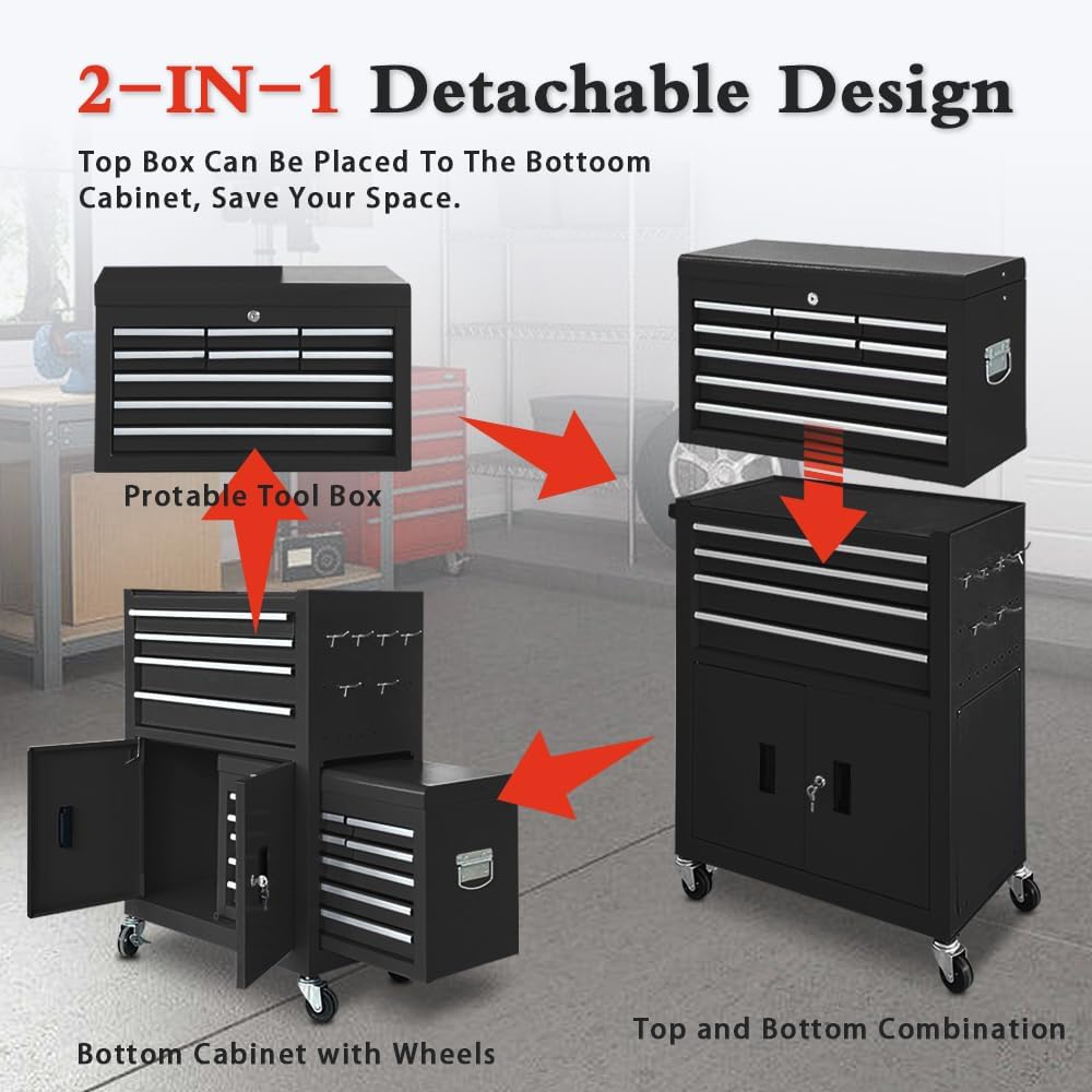 13-drawer rolling tool chest with double door handle, package contents